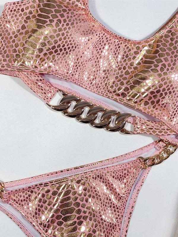 Snake-Print Chain Embellished Split Bikini Swimsuit