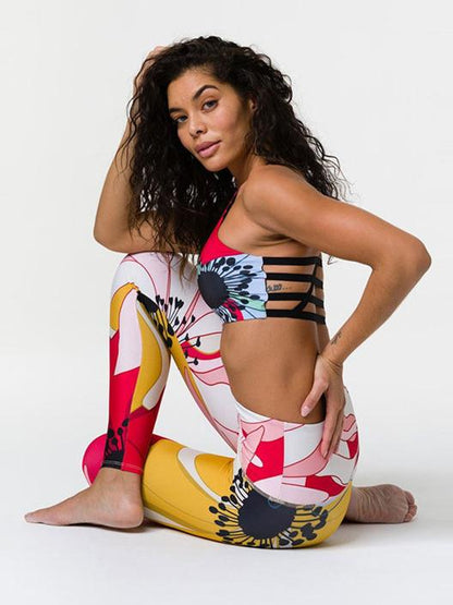 Printed Back Bandage Tanks And Wide Waistband Leggings Suits