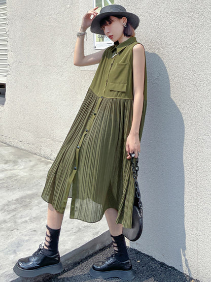 Fashion Split-Joint Pleated Sleeveless Lapel H-Line Midi Dress