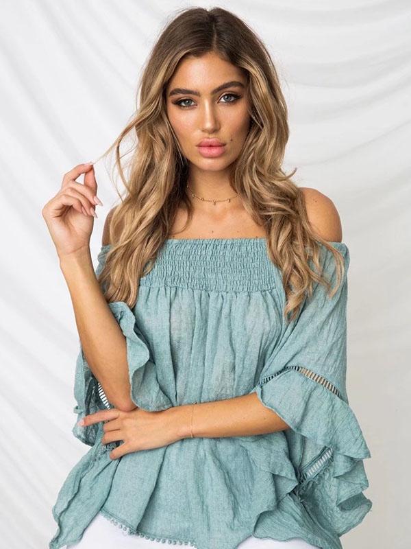 Solid Color Off-the-shoulder Backless Falbala Blouses&shirts Tops