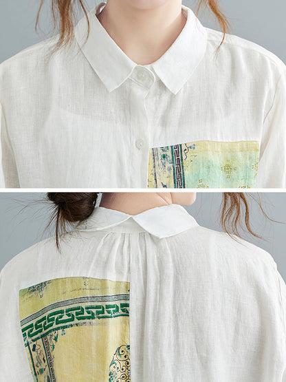 Artistic Retro National Printed Split-Joint Pleated Lapel Collar Long Sleeves Blouse