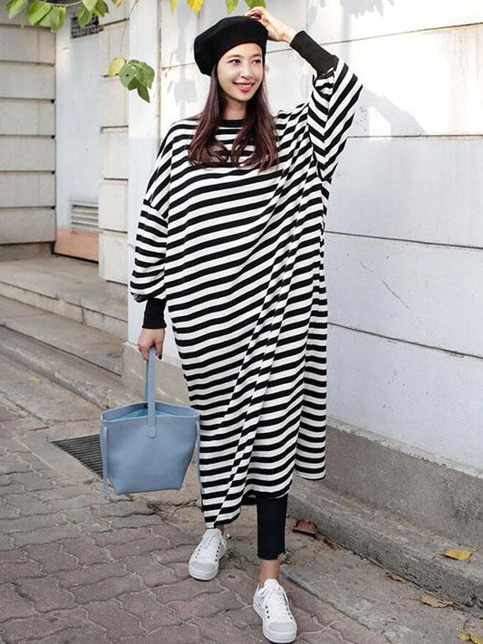 Loose Split-side Striped Blouse Skirt