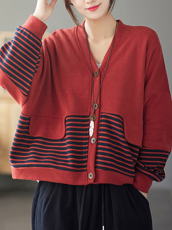 Casual Striped Buttoned V-Neck Batwing Sleeve Outerwear