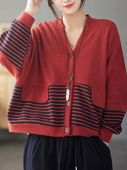 Casual Striped Buttoned V-Neck Batwing Sleeve Outerwear