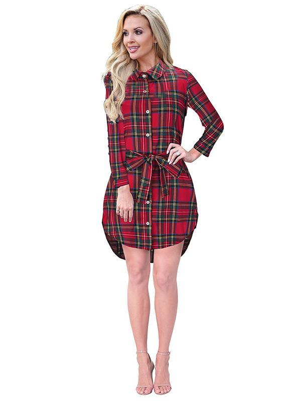 Polo Collar Checkered Belt Buckle Midi Shirt