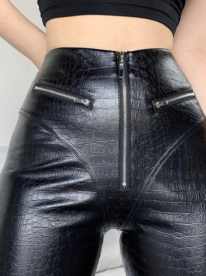 Punk Solid Zipper Pockets PU Leggings