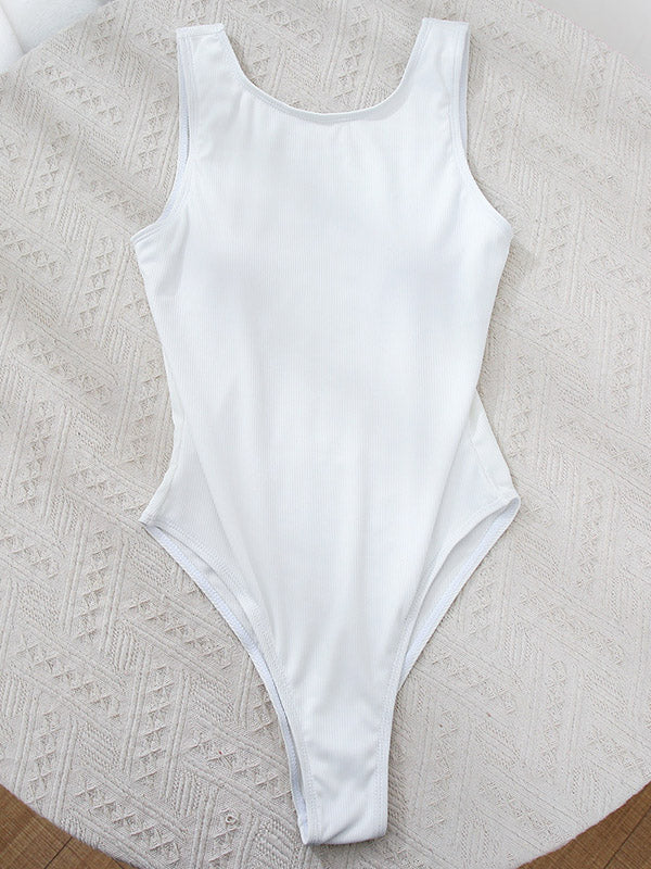 Solid Color Ribbed Simple Style One-Piece Swimwear