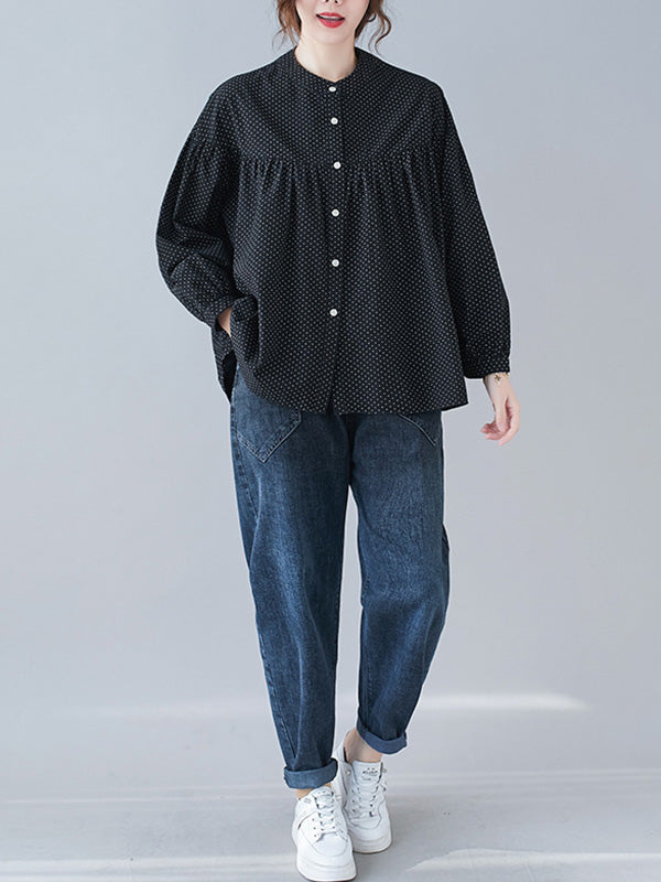 Casual Polka-Dot Buttoned Pleated Lapel Collar Long Sleeves Blouse