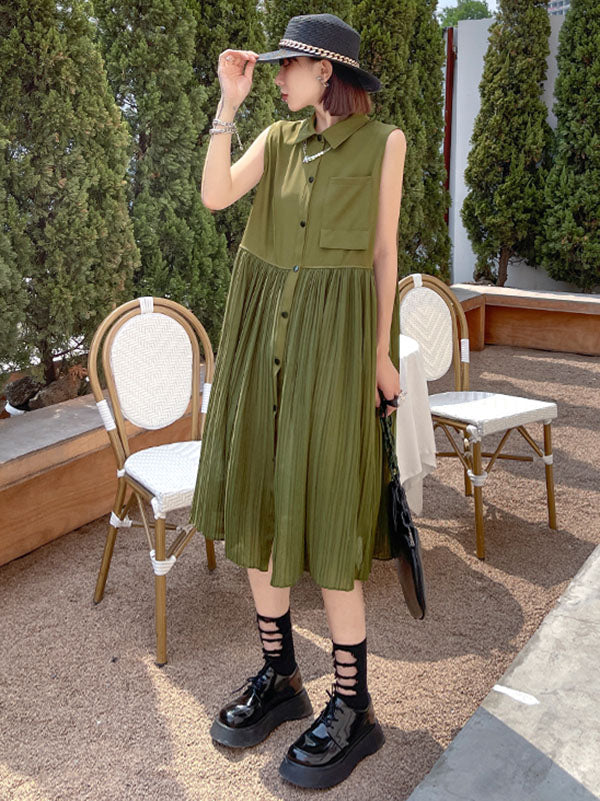 Fashion Split-Joint Pleated Sleeveless Lapel H-Line Midi Dress