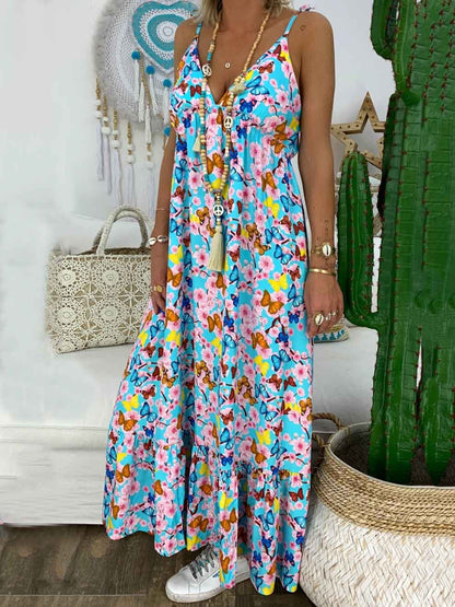 Beach V-neck Printed Spaghetti-neck Maxi Dress