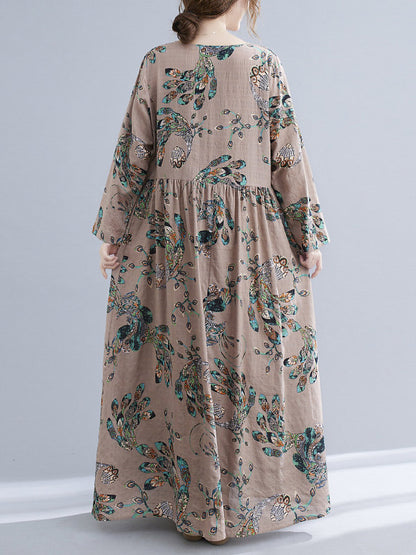 Vintage Ramie Cotton Floral Printed Round-Neck Long Sleeves Loose Maxi Dress