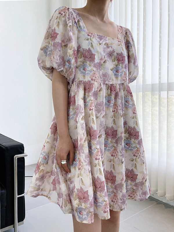 Original Floral Printed Square-Neck Puff Sleeve Mini Dress