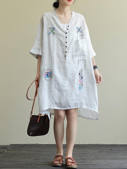Cotton Blend Embroidered V-Neck Striped Mini Dress