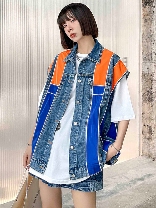 Stylish Split-Joint Striped Lapel Collar Sleeveless Denim Vest Outwear