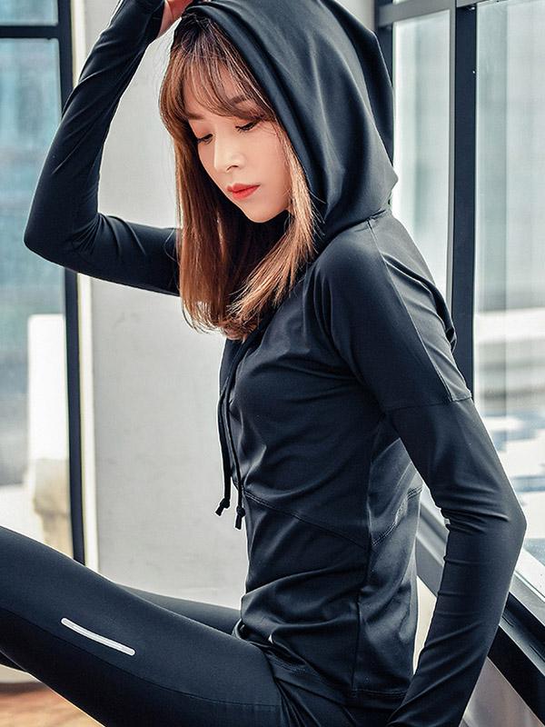 Solid Quick Dry Zipper Hooded Sports Hoodies&Sweatshirt