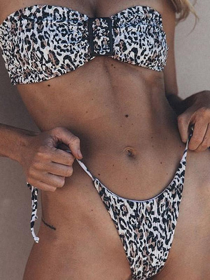 Leopard Print Embellished Bandeau Split Bikini Swimsuit