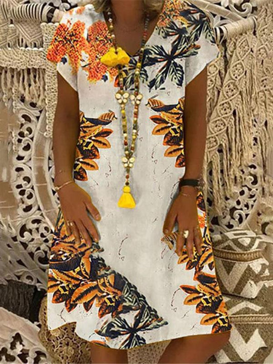 Printed V-neck Short Sleeve Midi Dress