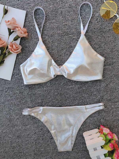 Shiny Plain Twist Sexy Bikini Swimsuit