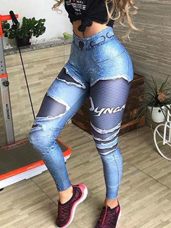 Fashion Printed Contrast Color Leggings Casual Pants Bottoms