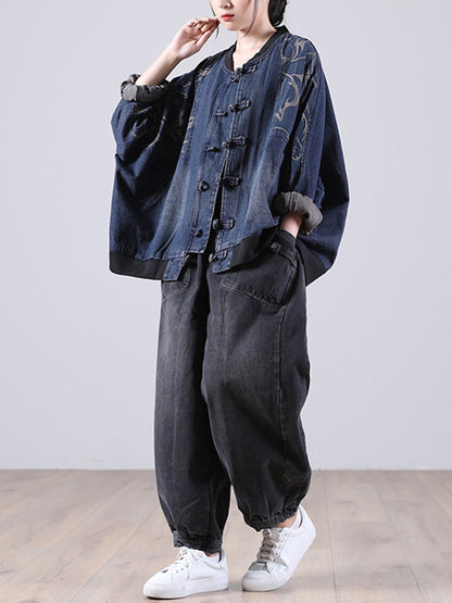 Vintage Buttoned Split-Joint Printed Long Sleeves Denim Jackets Outerwear