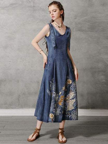 Original Retro Embroidered Hemline Denim Long Dress