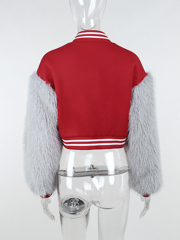 Faux Fur Sleeves Baseball Uniform
