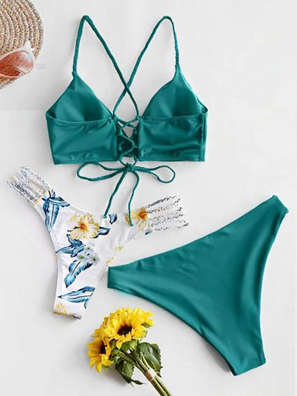 Solid Color & Floral-Print Three-Piece Split Bikini Swimsuit