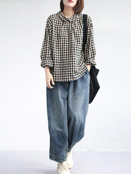 Linen Back-button Plaid Loose Blouse Top