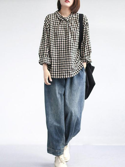 Linen Back-button Plaid Loose Blouse Top