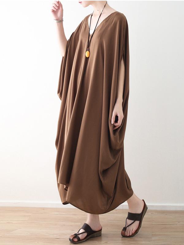Loose Coffee Batwing Sleeves V-neck Long Dress