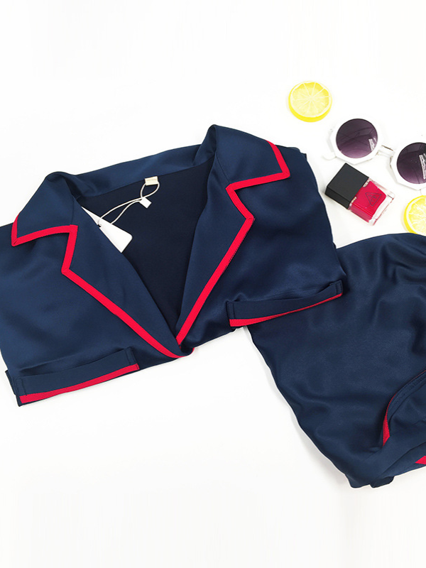 Casual Ice Silk Solid Color Notched Collar Short Sleeves Shirts& Shorts Pajama