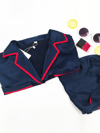 Casual Ice Silk Solid Color Notched Collar Short Sleeves Shirts& Shorts Pajama