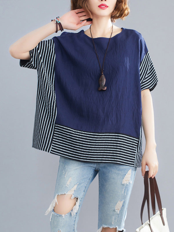 Vintage Ramie Cotton Striped Split-Joint Batwing Sleeves Round-Neck T-Shirt