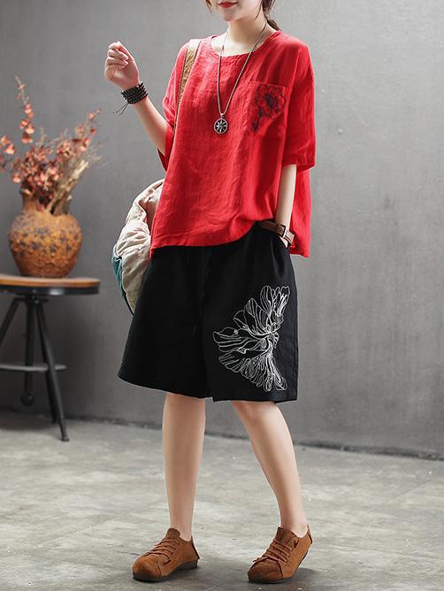 Vintage Embroidered Round-neck Solid T-shirt