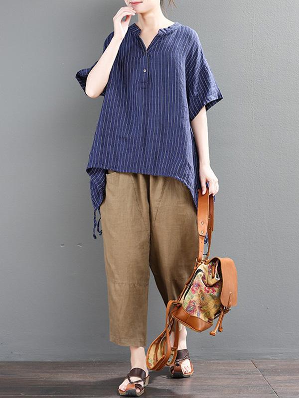 Loose Striped T-shirt + Solid Casual Pants Suits