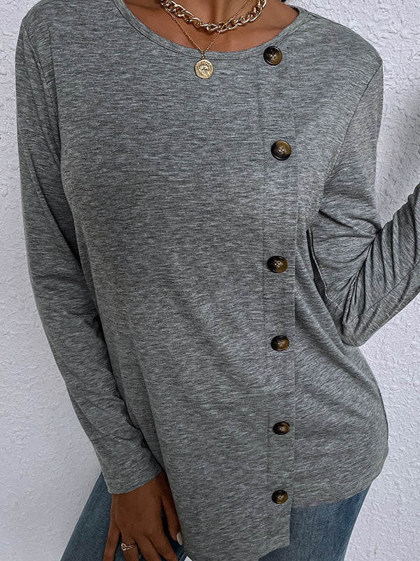 Casual Round-Neck Buttoned Asymmetric T-Shirt
