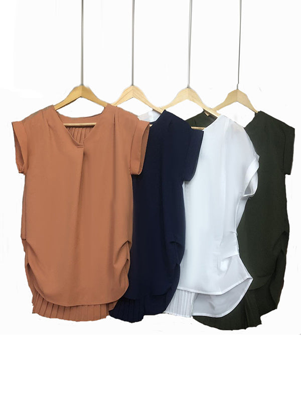 Simple Solid Color Pleated Round-Neck Short Sleeves T-Shirt