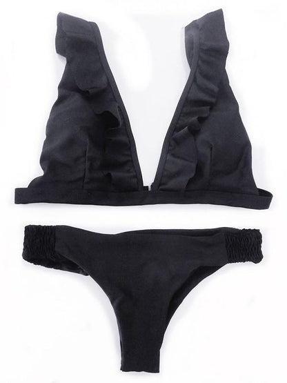 Sexy Falbala Plain Bikinis Swimwear