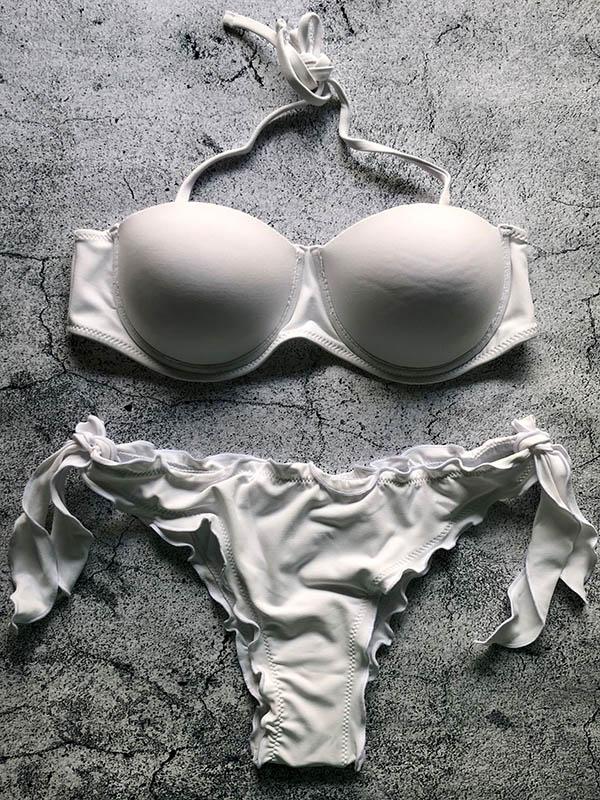 Solid Color Ruffled Knotted Split Bikini Swimsuit