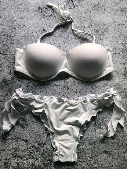 Solid Color Ruffled Knotted Split Bikini Swimsuit