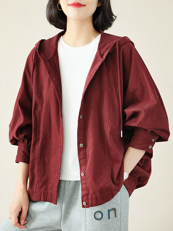 Casual Buttoned Drawstring Solid Color Batwing Sleeve Outerwear
