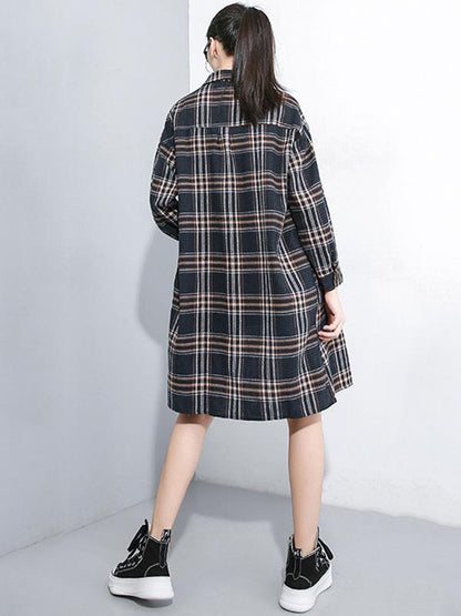 Loose Retro Lapel Plaid Shirt Dress