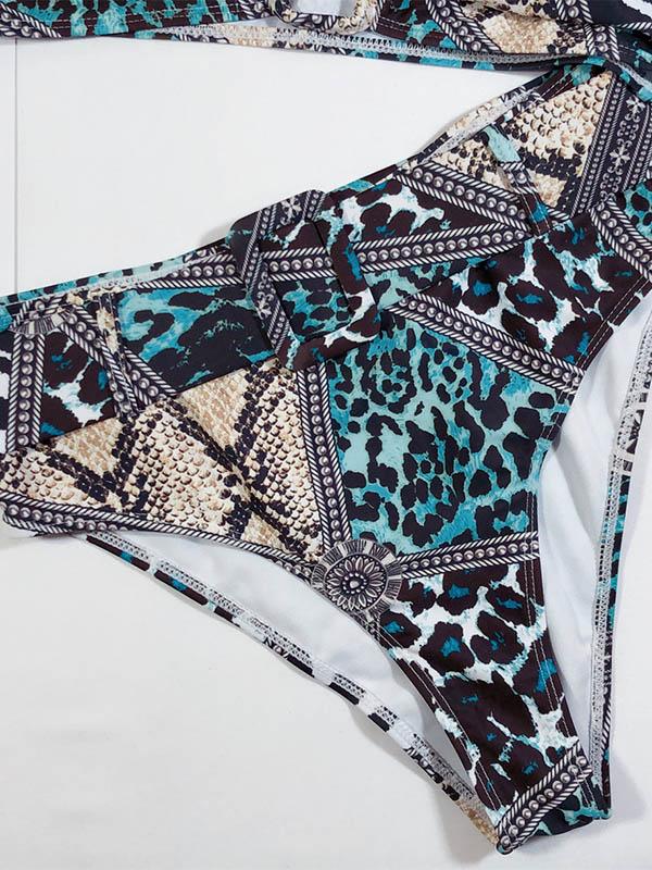 U-Neck Sash Printing Bikini Swimsuit