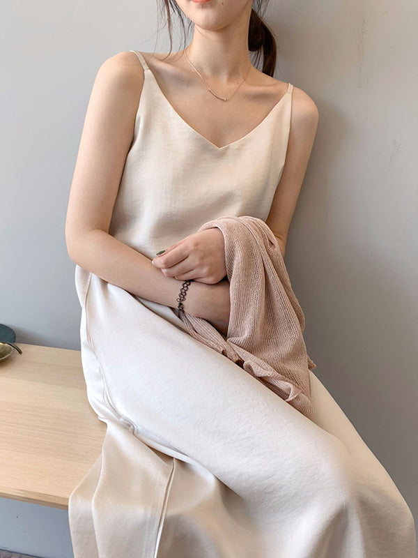 Urban Solid Color Spaghetti-Neck Loose Midi Dress