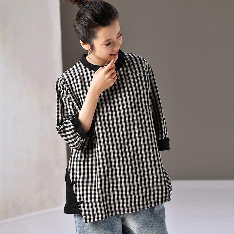Buykud Retro Plaid Spliced Comfortable Pullover Blouse