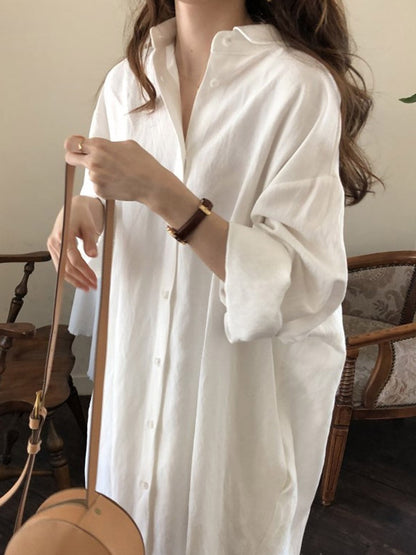 Simple Loose Casual Solid Color Buttoned Split-Side Lapel Collar Long Sleeves Midi Shirt Dress