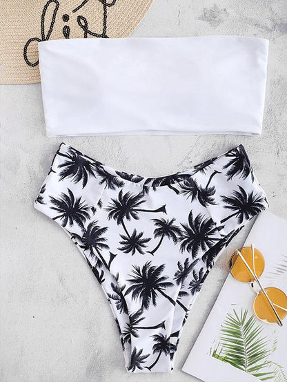 High Cut Coconut Tree High Waist Bikinis Swimwear