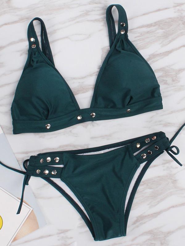 Button Decorated Solid Bikinis Swimwear