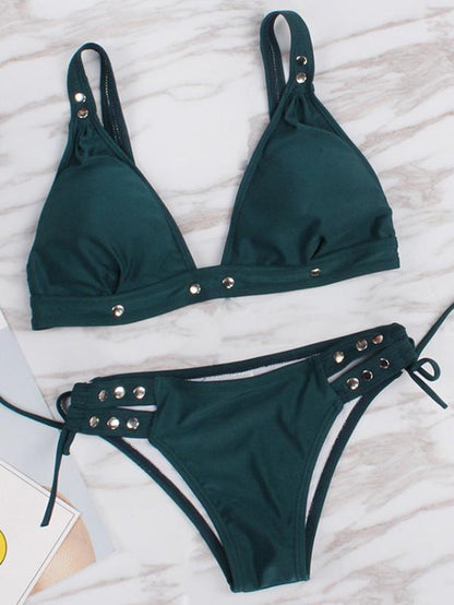 Button Decorated Solid Bikinis Swimwear