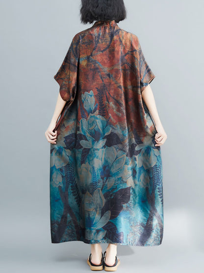 Vintage Loose Printed Stand Collar Batwing Sleeves Maxi Dress